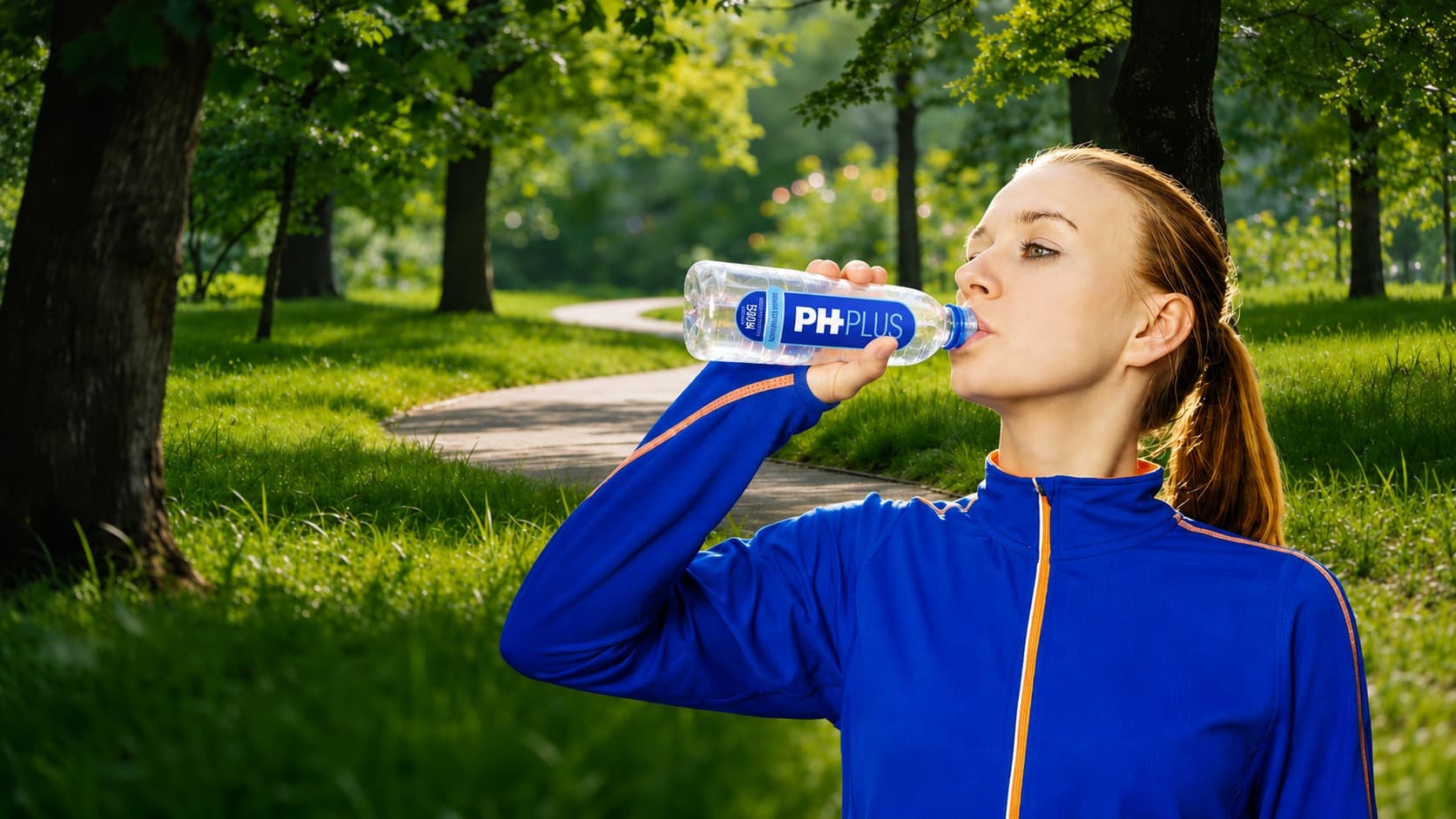 Mujer hidratándose con agua PH PLUS al aire libre